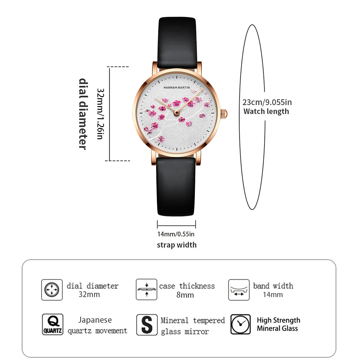Montre Femme Hannah Martin 1324 — Fleur de Prunier 3D & Maille Milanaise Or Rose
